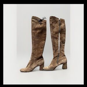 Vintage 70s Brown Suede Knee High Boots 6.5 Lace Back Boho Western